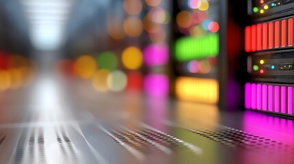 Vibrant data center with colorful server lights, representing fast digital networks and cloud computing in the modern technology age, illustrating efficient data management and inn