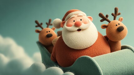 Whimsical illustration of Santa Claus with reindeer aboard a sleigh, set against a dreamy sky. Perfect festive holiday image depicting Christmas spirit and joy.