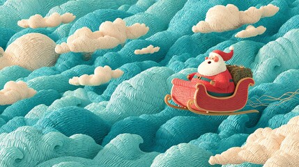 Whimsical depiction of Santa Claus flying through a dreamy, textured sky in a red sleigh. Playful clouds enhance the magical atmosphere, evoking holiday cheer and imagination.
