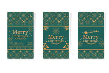 Elegant Christmas card collection with gold line art ornaments on dark green background perfect for greeting cards posters invitations packaging and festive branding designs