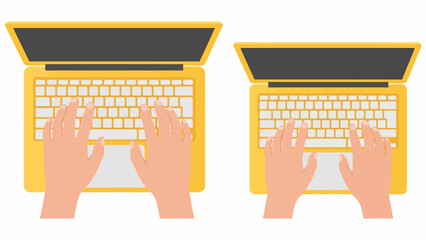 Two pairs of hands typing on yellow laptops, viewed from an overhead perspective.