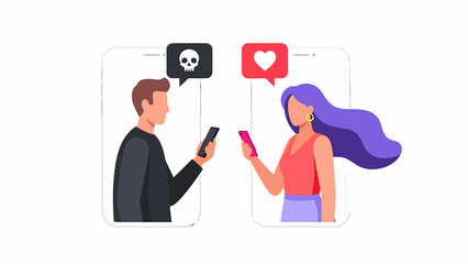 Man and woman communicating on smartphones with contrasting skull and heart emojis.