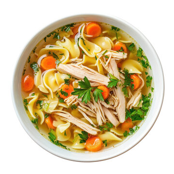 Overhead Shot Of Chicken Noodle Soup In White Bowl On Transparent Background