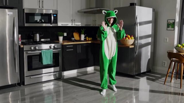 Person wearing playful dinosaur costume dancing in home kitchen