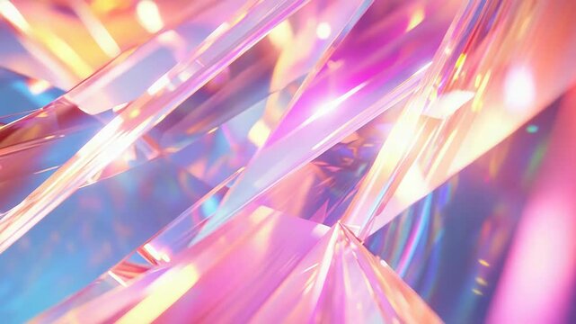 Abstract background creating vibrant iridescent light reflections and refractions through faceted crystal prisms, showcasing holographic colors and glowing pastel shades