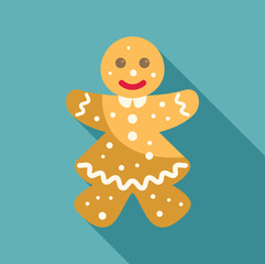 Gingerbread woman cookie celebrating christmas holidays with long shadow on turquoise background