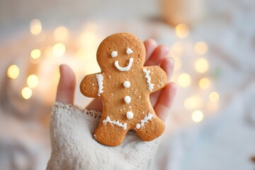 Gingerbread man held in hand with festive lights in background.