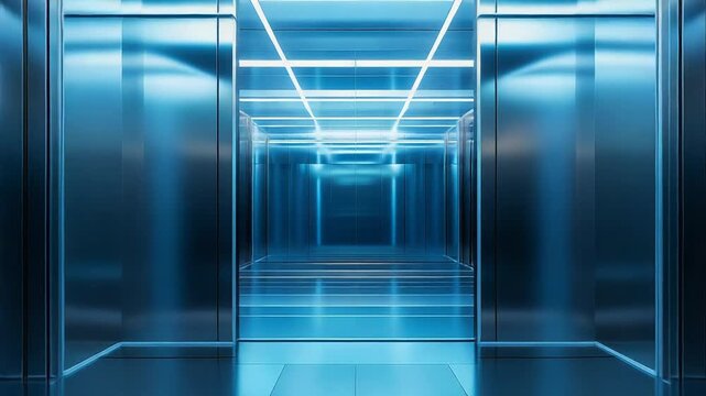 Modern architectural design featuring multiple elevators in a sleek, metallic hallway, reflecting vibrant blue light and creating a symmetrical, high tech aesthetic