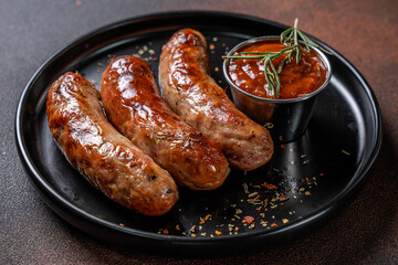 Grilled Sausages With Sauce On Black Plate