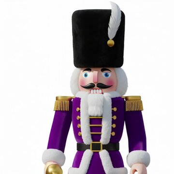 CGI image of a traditional nutcracker soldier with a black hat, purple coat with gold trim, white beard, and holding a golden scepter, set against a plain white background