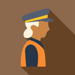 Woman transit worker wearing a uniform and hat, showing profile view