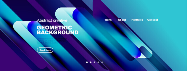 Modern website header design. Vibrant blue gradients, geometric shapes, text elements, navigation menu present. Clean, stylish presentation.