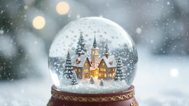 Enchanting winter snow globe with an illuminated miniature village and falling snowflakes on a bokeh background for a cozy holiday concept