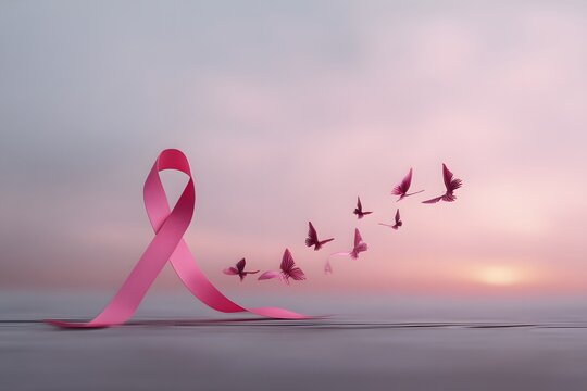 Pink ribbon and butterflies fly towards hope.