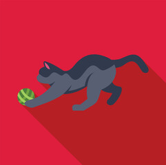 Grey cat playing with a green ball on red background, long shadow, pet care concept