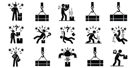 Collection of black and white stick figure icons illustrating various workplace safety hazards and manual handling risks