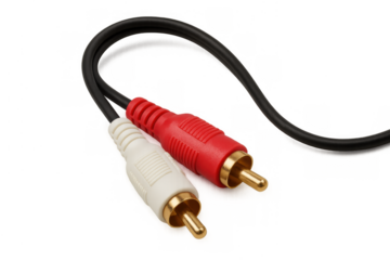 Rca audio video cable featuring a red and white connector, designed for transmitting stereo sound and composite video signal