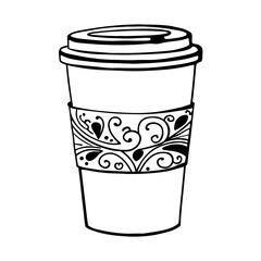  Takeaway Coffee Cup with Lid and Decorative Abstract Swirl Label — Minimalist Line Art Vector Illustration
