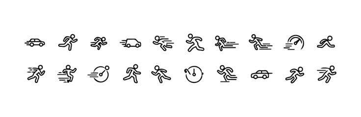 Collection of motion and speed related line icons featuring runner car stopwatch rocket and performance indicators