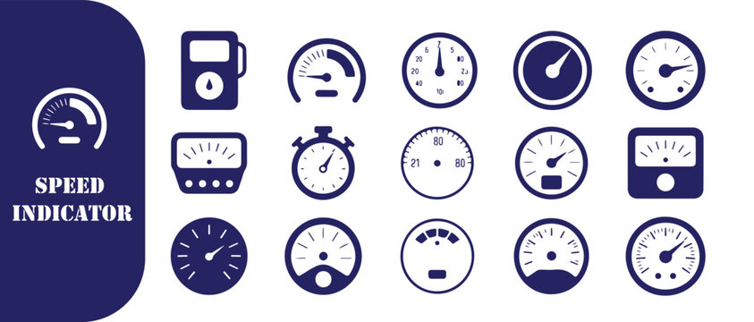 Large set of diverse black and white gauges for speed monitoring time measurement and environmental condition display