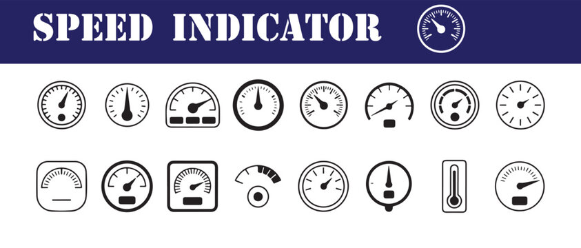 Speed indicator collection of speedometer dial gauge icons for dashboard and measurement applications flat design