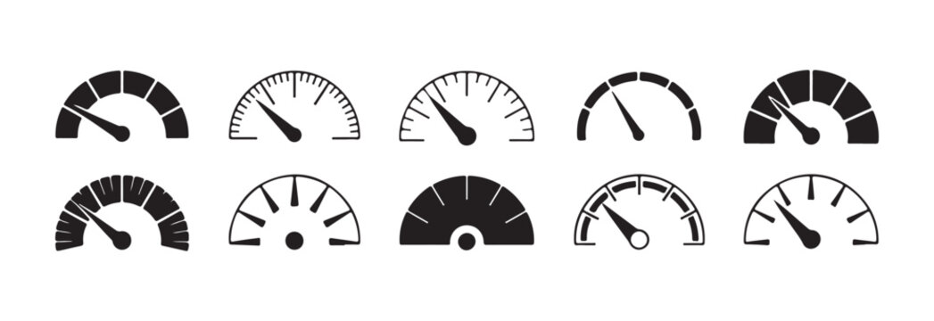 Set of ten speedometers and gauges icons showing different performance levels in black and white vector style
