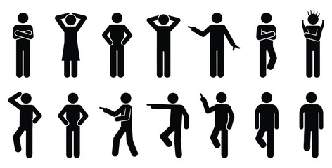 Collection of black silhouette stick figures displaying various common human poses gestures and body language signs