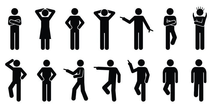 Collection of black silhouette stick figures displaying various common human poses gestures and body language signs