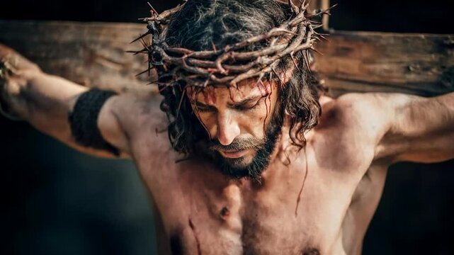 Crowned with thorns muscular Jesus figure hangs from wooden cross in dramatic light capturing intense suffering sacrifice and powerful christian symbolism