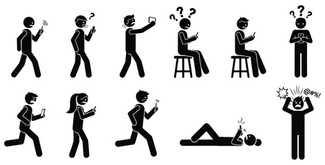 Collection of black silhouette stick figures showing various negative emotions and problems related to smartphone use