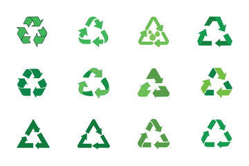 A set of green vector icons featuring the recycling symbol for ecology and environmental conservation design illustration
