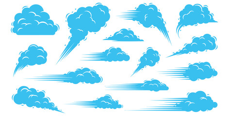 Collection of stylized blue speed lines clouds and smoke trails vector graphic elements set