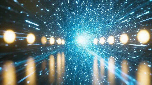 Blue light particles radiating from a central point into streaking rays, evoking hyperspace speed, data explosion and futuristic digital energy across a cosmic, networked spacescape