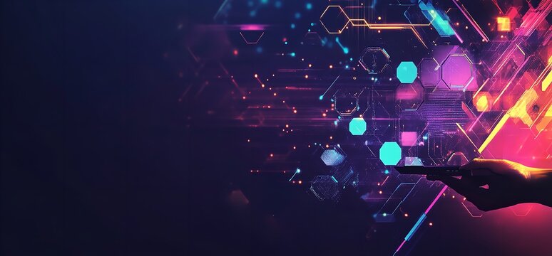 Hand holding smartphone with futuristic digital interface and neon hexagons in dark background, technology concept. - Powered by Adobe