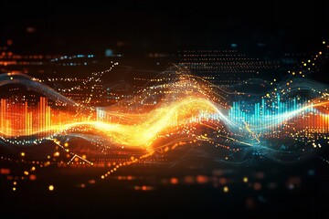 Vibrant digital waveform with glowing lines and dots on a dark background, representing data visualization and technology.