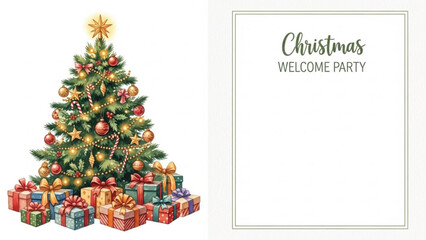 Naklejka premium Watercolor Christmas Tree with Gifts and Christmas Welcome Party Invitation Card Design