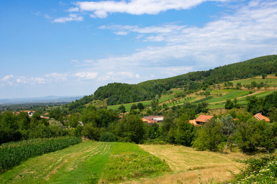 Landscape view of a village in the hills in Bihor county, Romania