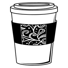  Takeaway Lid Cup with Decorative Abstract Label — Minimalist Line Art Vector Illustration
