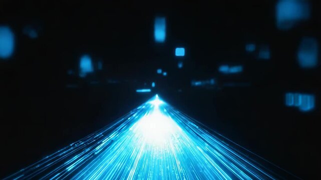 Abstract blue light particles and streaks creating an optical fiber data tunnel. Symbolizing high speed internet network. Future technology. And global digital connections moving into a bright future