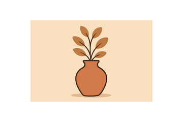Flat vector illustration of decorative vase with simple leaves soft rounded shapes clean outline warm home decor style