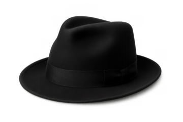 Black fedora hat, classic fashion accessory representing vintage style, detective mystery, and old hollywood glamour