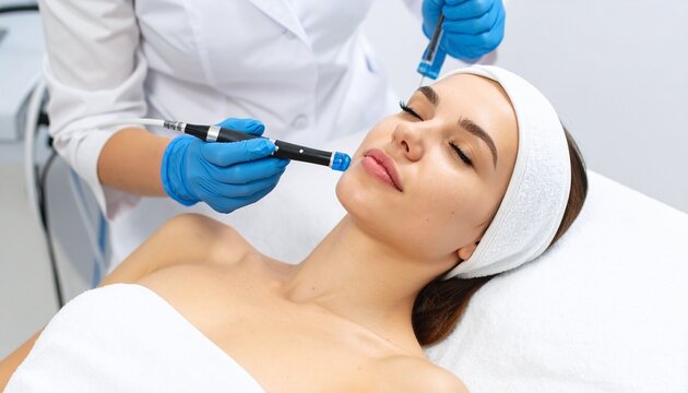 Professional Facial Treatment in Spa Clinic &ndash; Skincare Expert Using Device on Client&rsquo;s Face for Hydrafacial, Microdermabrasion, or Exfoliation Procedure in Clean, Clinical Beauty Environment