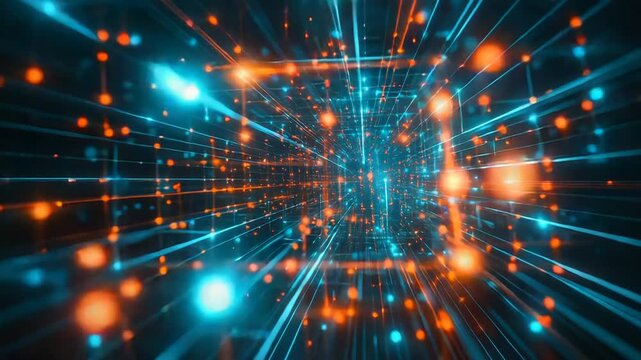 Abstract tunnel of glowing orange and blue light particles representing a global network, fast data transfer, and future technology connections in cyberspace