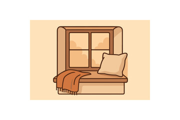 Flat vector illustration of cozy window with pillow soft rounded forms clean outline warm home decor style