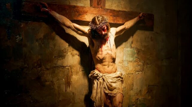 Realistic painting of crucified jesus on aged wall bathed in warm light evokes sacred art history intense suffering and spiritual contemplation