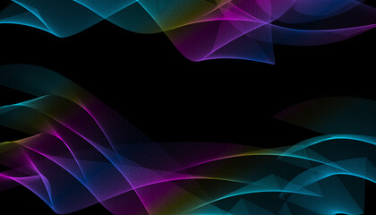 Colorful abstract wave lines with teal purple and blue glow on dark background