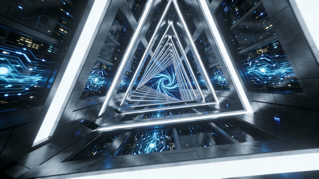 Futuristic triangular structure with glowing blue patterns inside