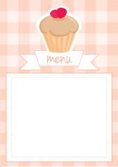 Hand drawn vector decorative invitation card with muffin on checkered background 