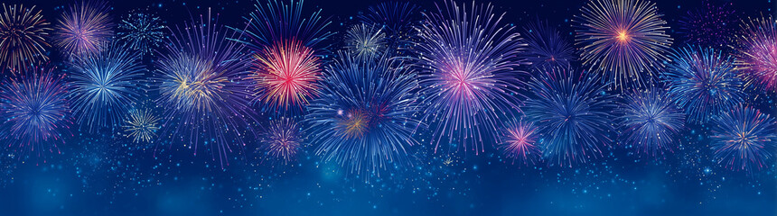 Obraz premium a panoramic view of fireworks for new year's celebration. Happy new year, Christmas concept, firework, celebration, party 2026.