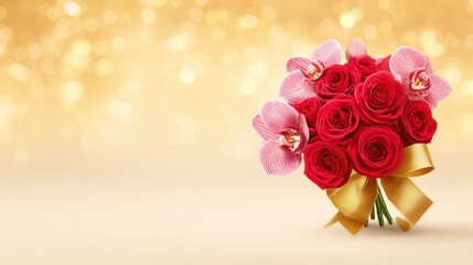 A beautiful bouquet of red roses and pink orchids elegantly arranged